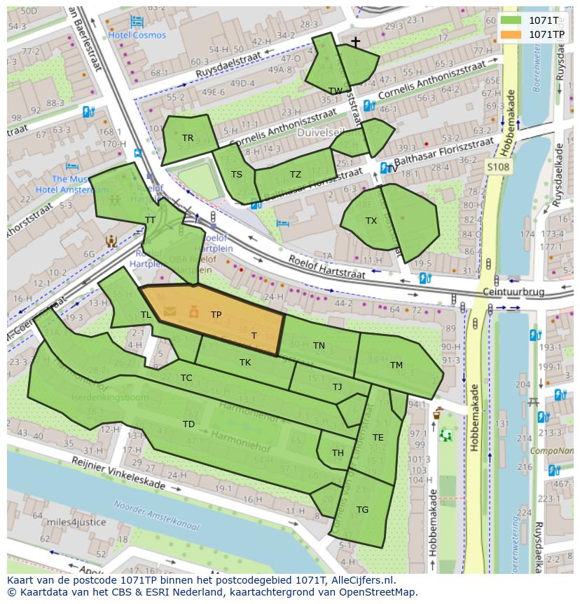 Afbeelding van het postcodegebied 1071 TP op de kaart.