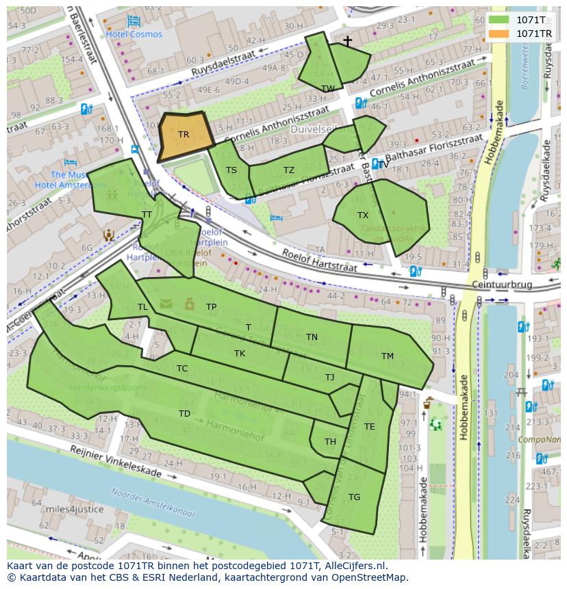 Afbeelding van het postcodegebied 1071 TR op de kaart.