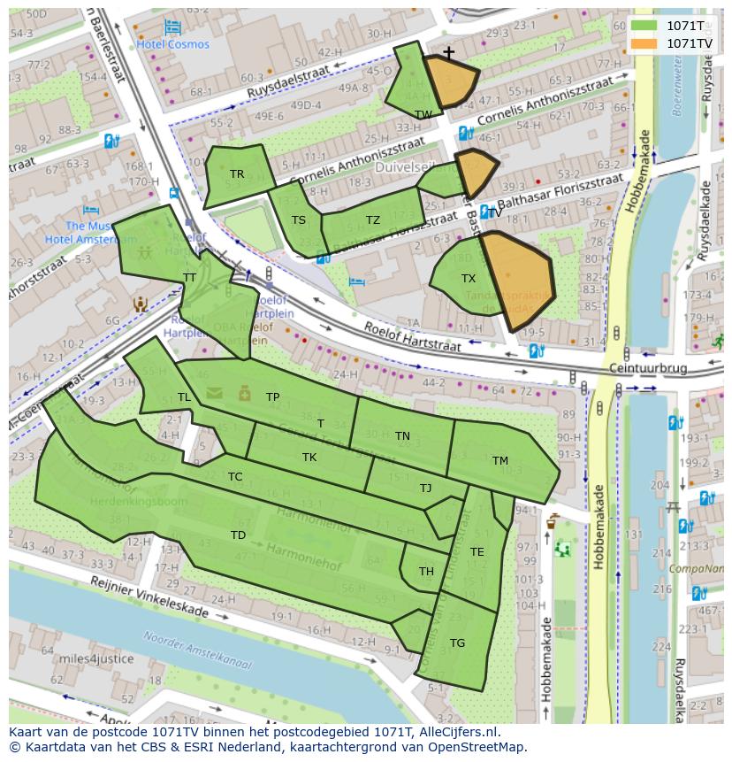 Afbeelding van het postcodegebied 1071 TV op de kaart.