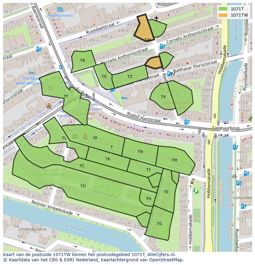 Afbeelding van het postcodegebied 1071 TW op de kaart.