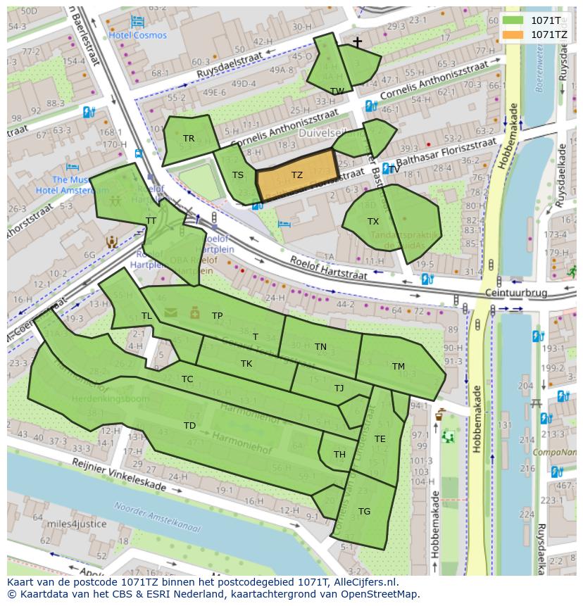 Afbeelding van het postcodegebied 1071 TZ op de kaart.