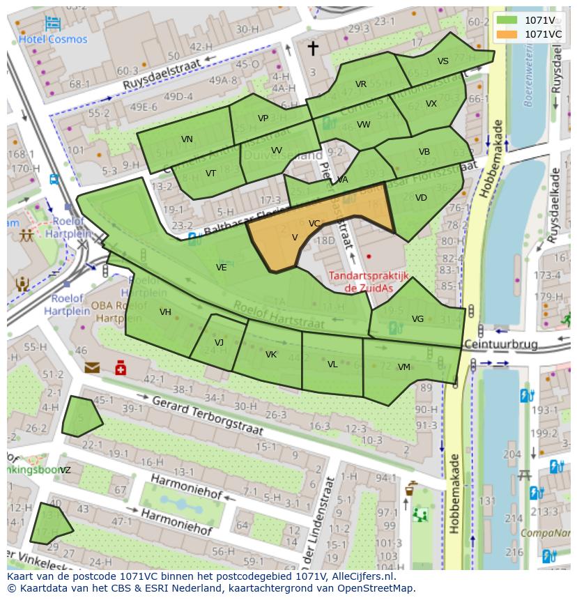 Afbeelding van het postcodegebied 1071 VC op de kaart.