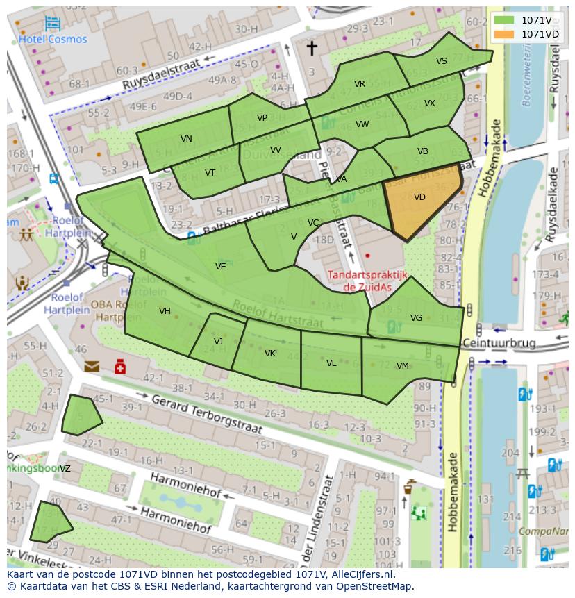 Afbeelding van het postcodegebied 1071 VD op de kaart.