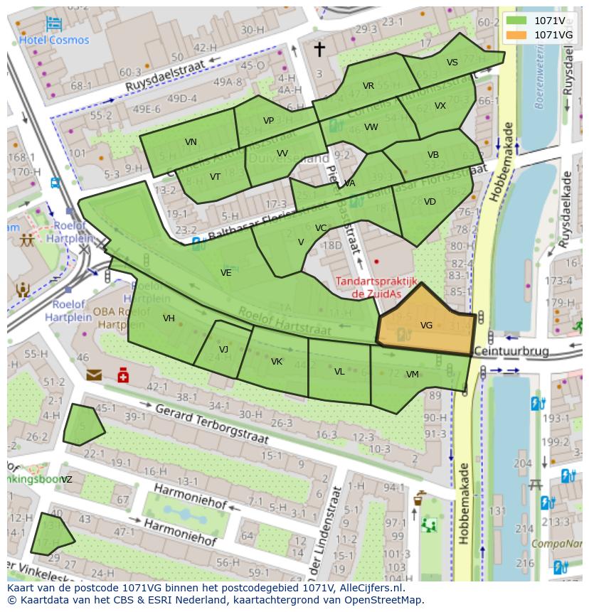 Afbeelding van het postcodegebied 1071 VG op de kaart.