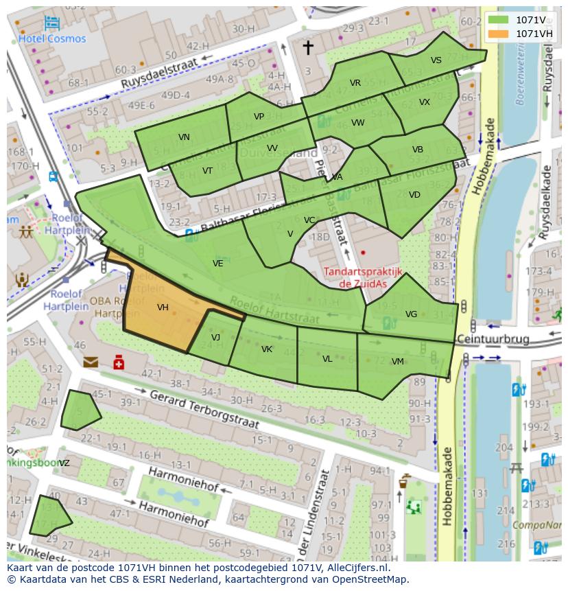 Afbeelding van het postcodegebied 1071 VH op de kaart.