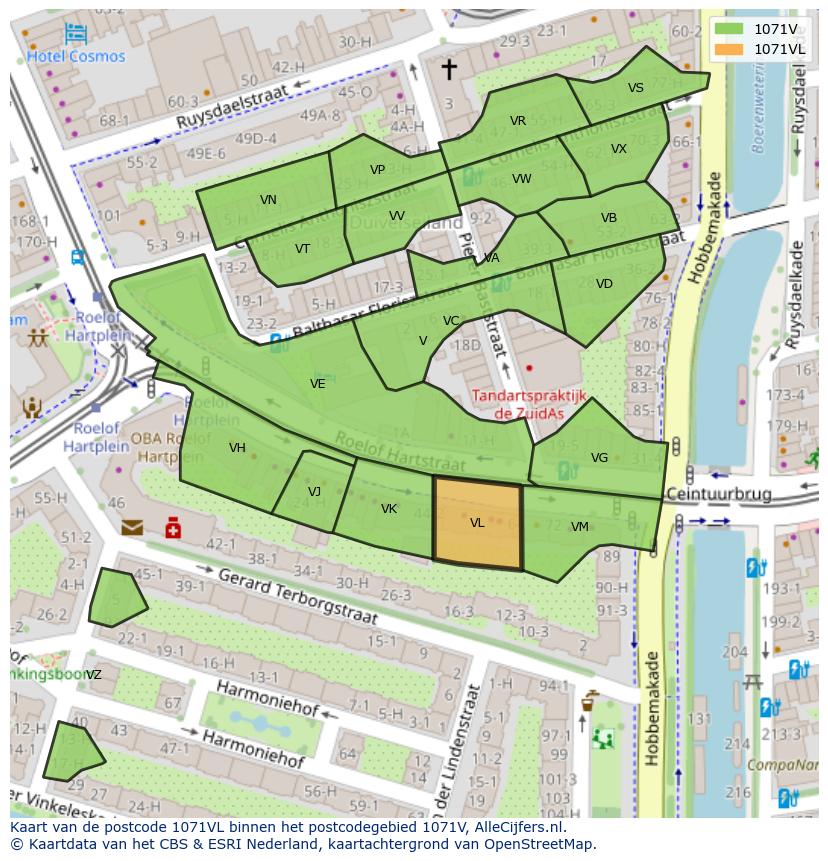 Afbeelding van het postcodegebied 1071 VL op de kaart.