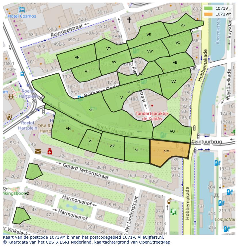 Afbeelding van het postcodegebied 1071 VM op de kaart.