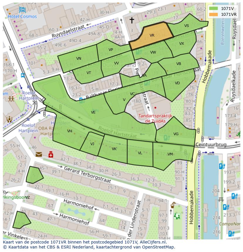 Afbeelding van het postcodegebied 1071 VR op de kaart.