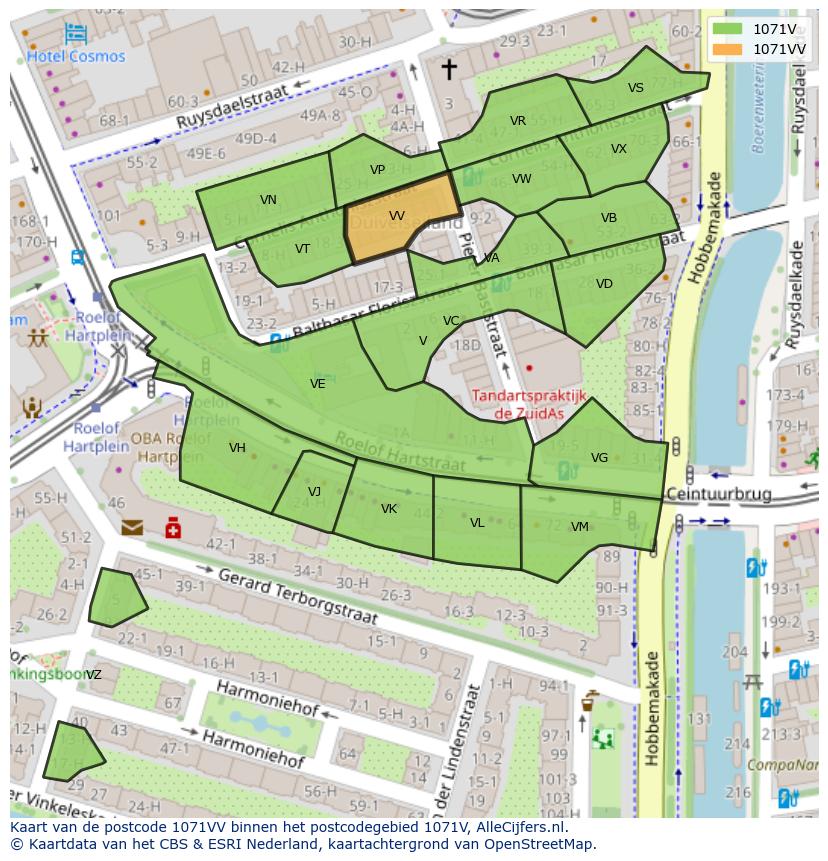 Afbeelding van het postcodegebied 1071 VV op de kaart.