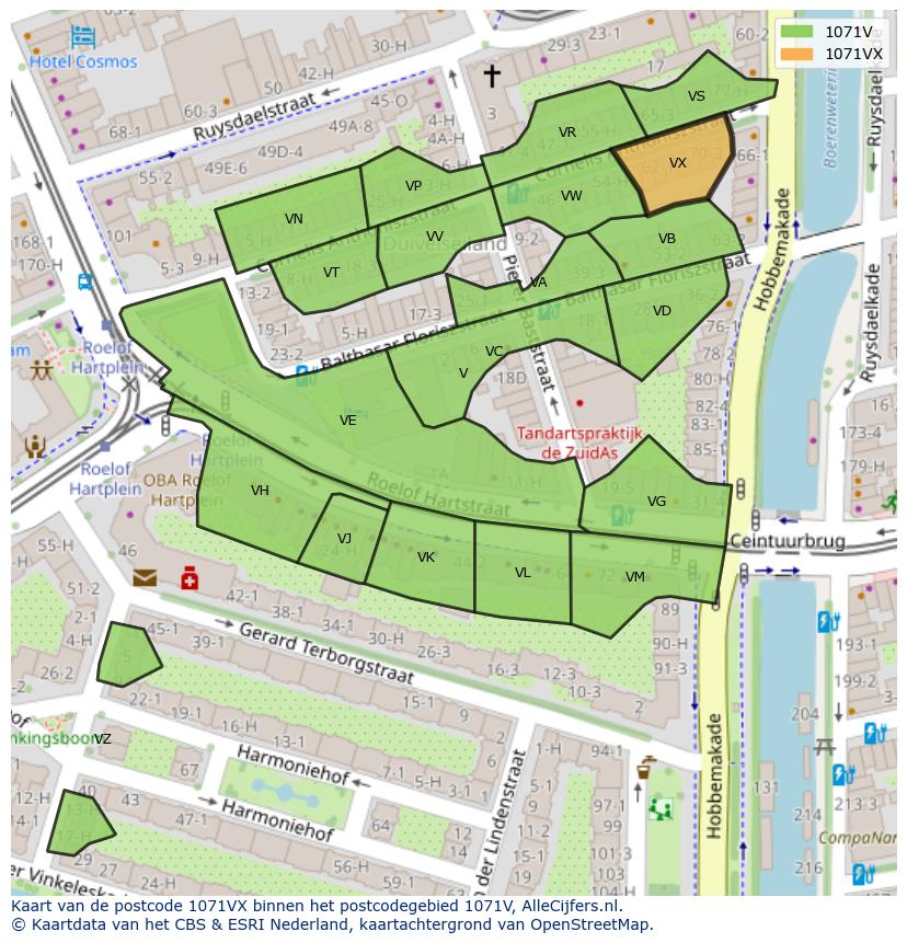 Afbeelding van het postcodegebied 1071 VX op de kaart.
