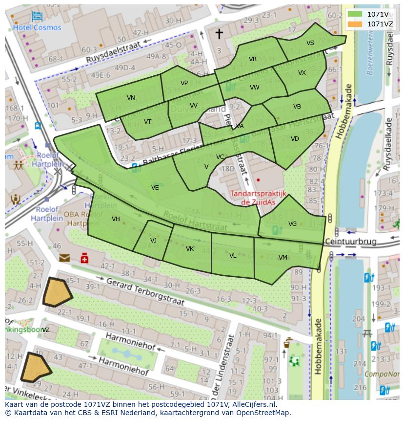 Afbeelding van het postcodegebied 1071 VZ op de kaart.