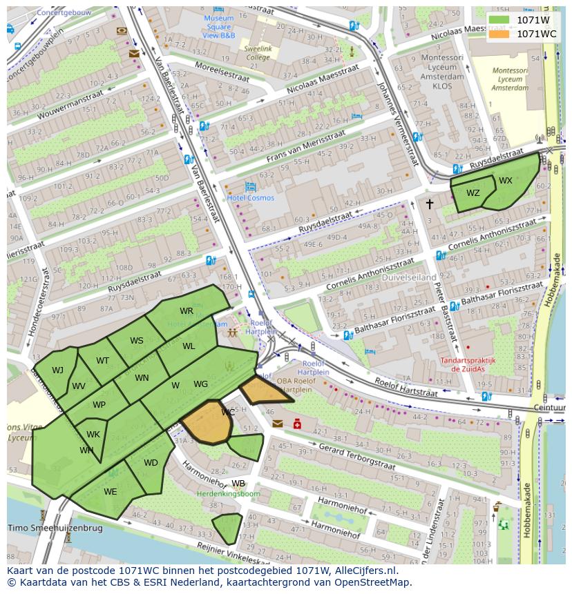 Afbeelding van het postcodegebied 1071 WC op de kaart.
