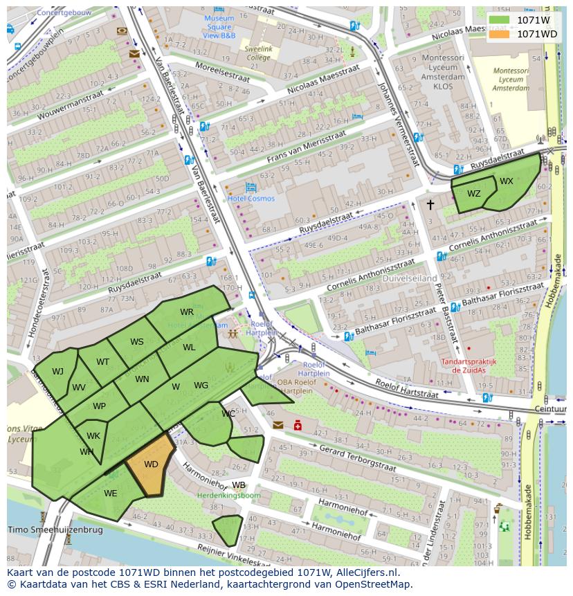 Afbeelding van het postcodegebied 1071 WD op de kaart.