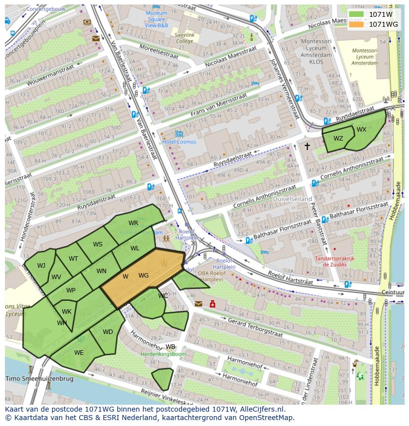 Afbeelding van het postcodegebied 1071 WG op de kaart.