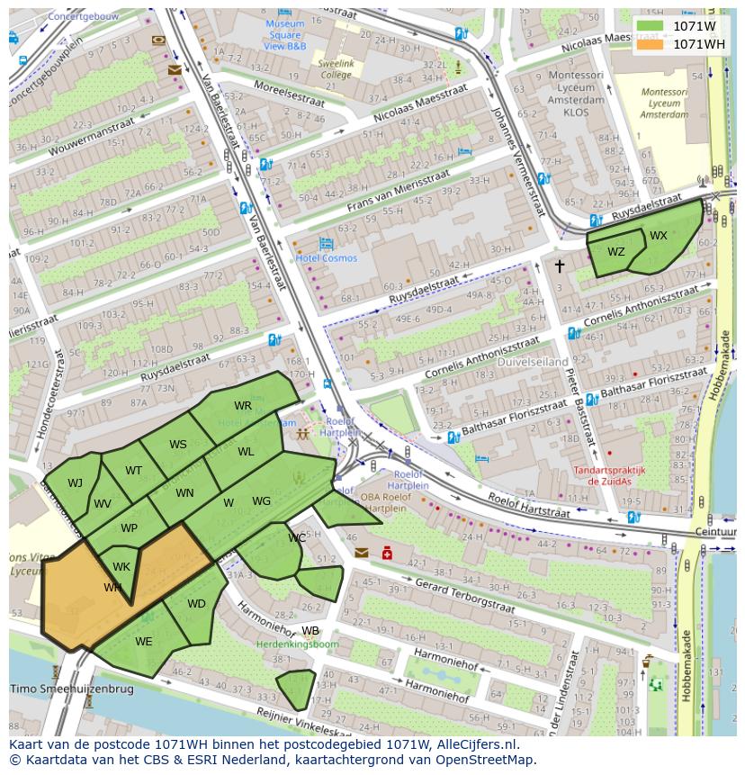 Afbeelding van het postcodegebied 1071 WH op de kaart.