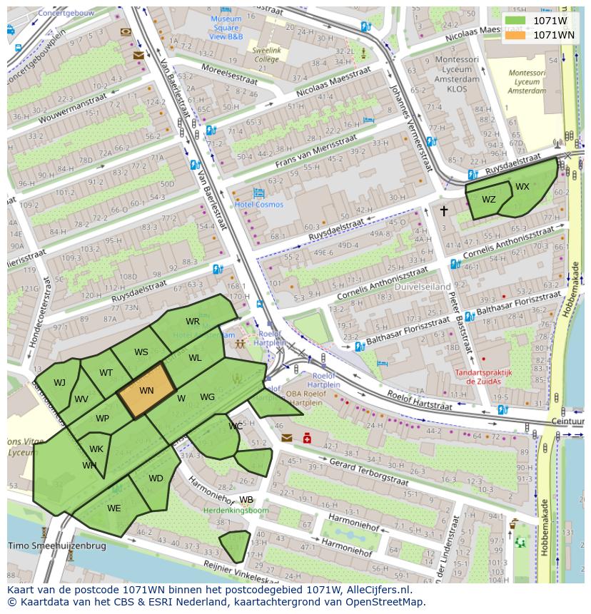 Afbeelding van het postcodegebied 1071 WN op de kaart.