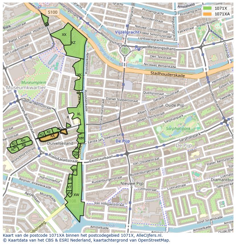 Afbeelding van het postcodegebied 1071 XA op de kaart.