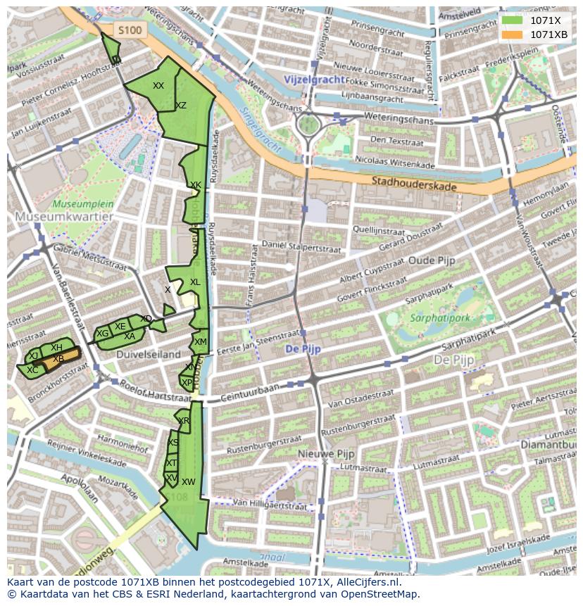 Afbeelding van het postcodegebied 1071 XB op de kaart.