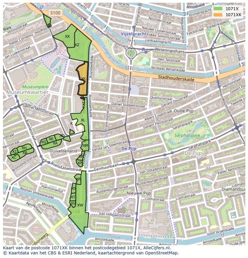Afbeelding van het postcodegebied 1071 XK op de kaart.