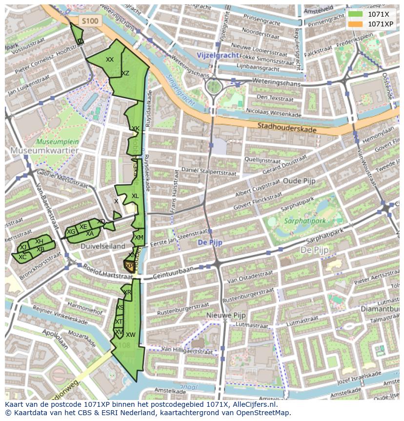 Afbeelding van het postcodegebied 1071 XP op de kaart.