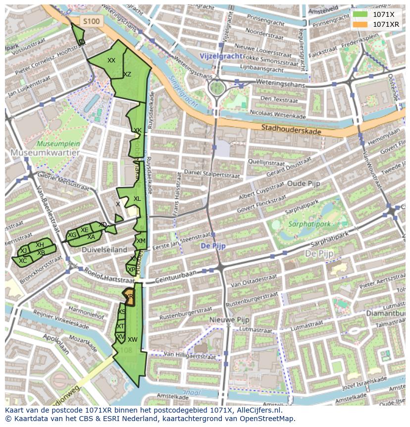 Afbeelding van het postcodegebied 1071 XR op de kaart.