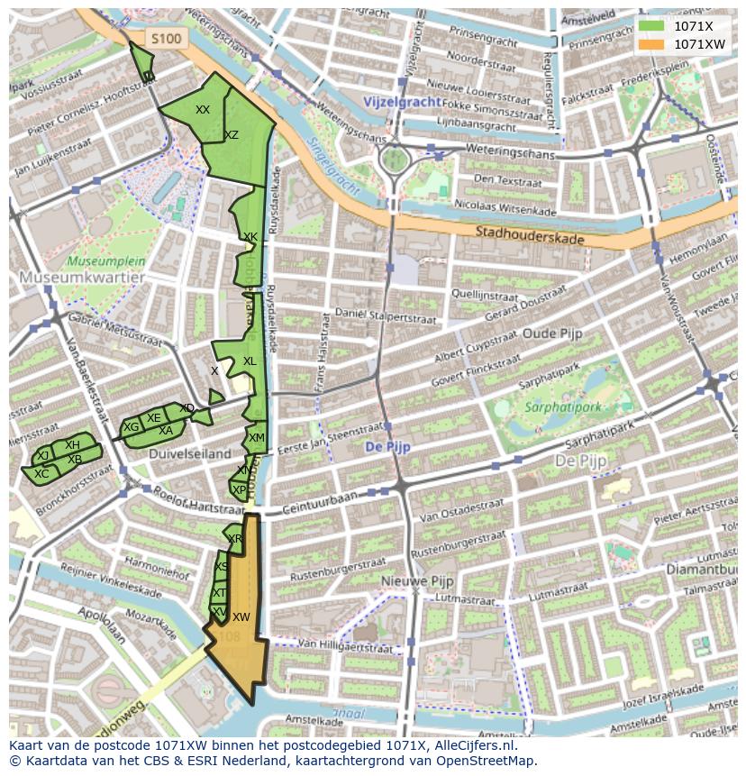 Afbeelding van het postcodegebied 1071 XW op de kaart.