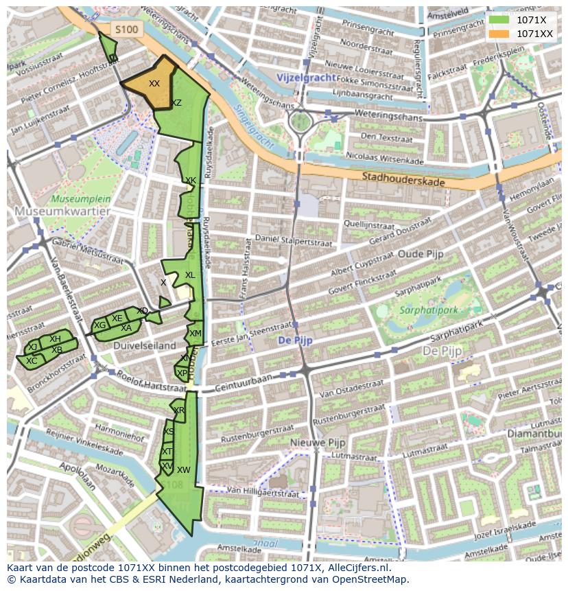 Afbeelding van het postcodegebied 1071 XX op de kaart.