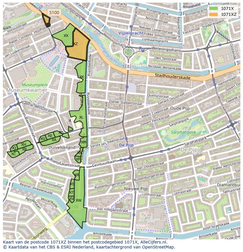 Afbeelding van het postcodegebied 1071 XZ op de kaart.