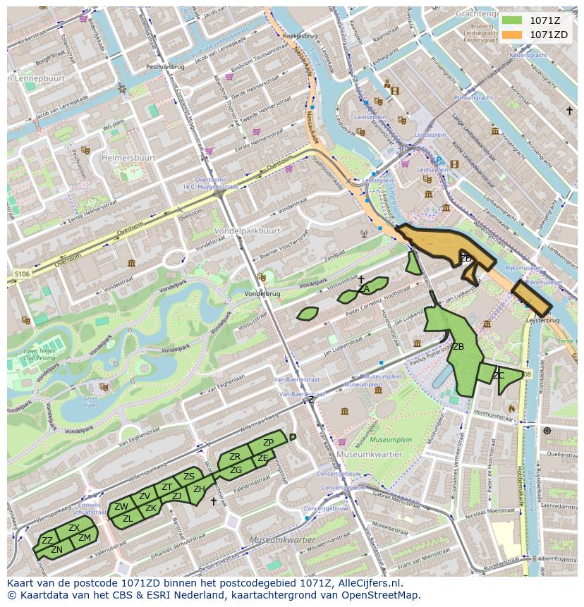Afbeelding van het postcodegebied 1071 ZD op de kaart.