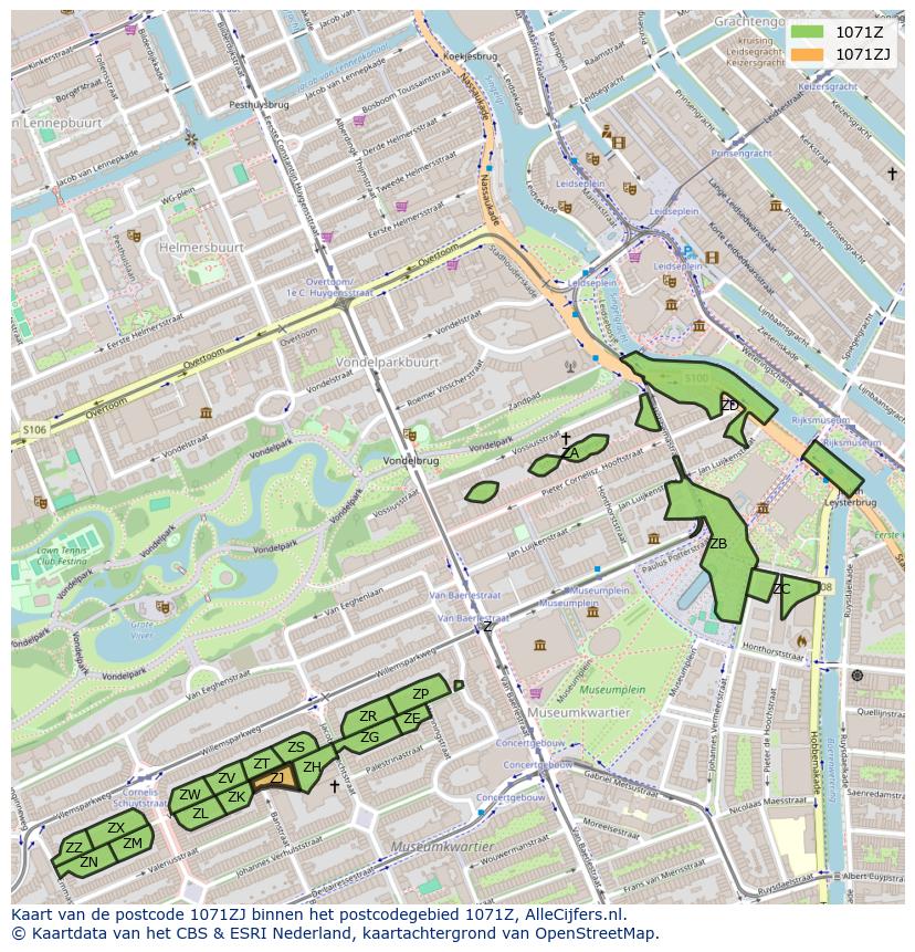 Afbeelding van het postcodegebied 1071 ZJ op de kaart.