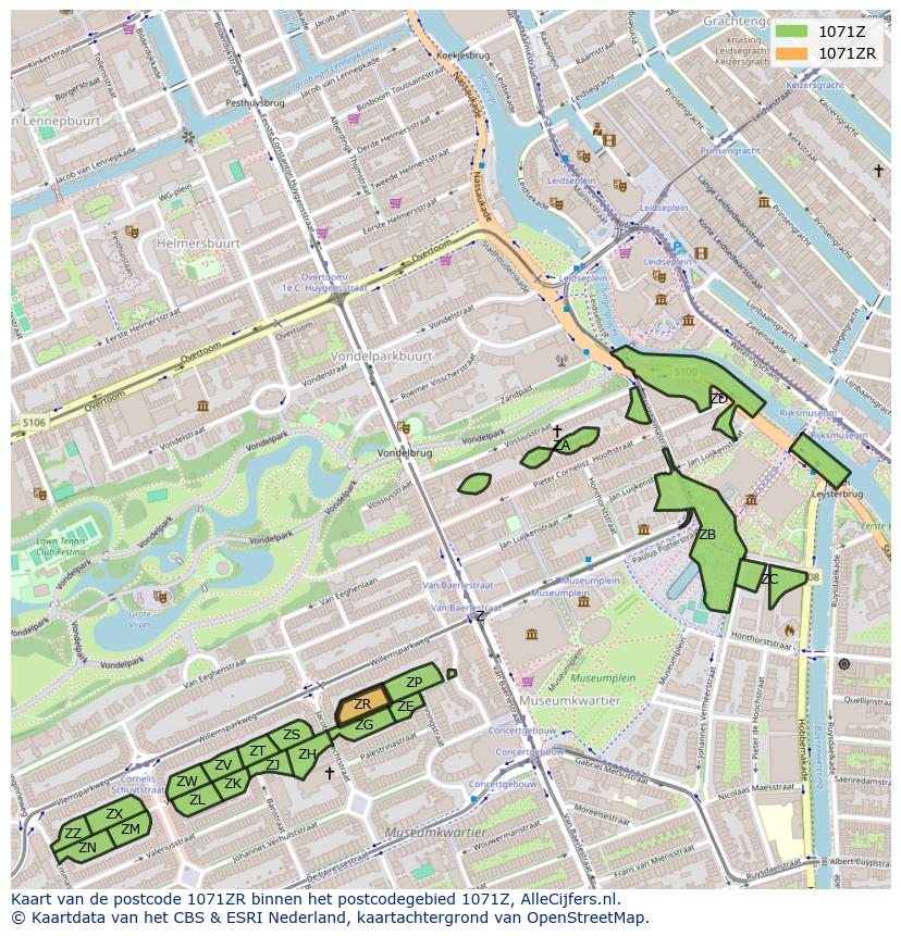 Afbeelding van het postcodegebied 1071 ZR op de kaart.