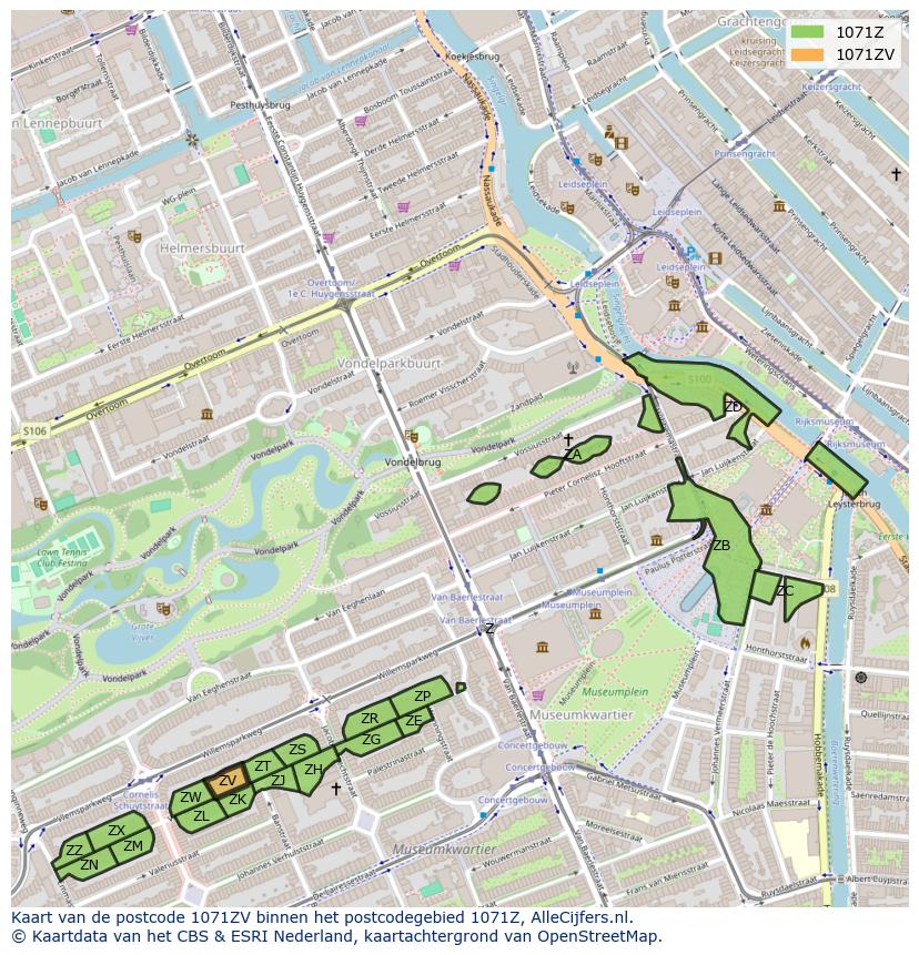 Afbeelding van het postcodegebied 1071 ZV op de kaart.