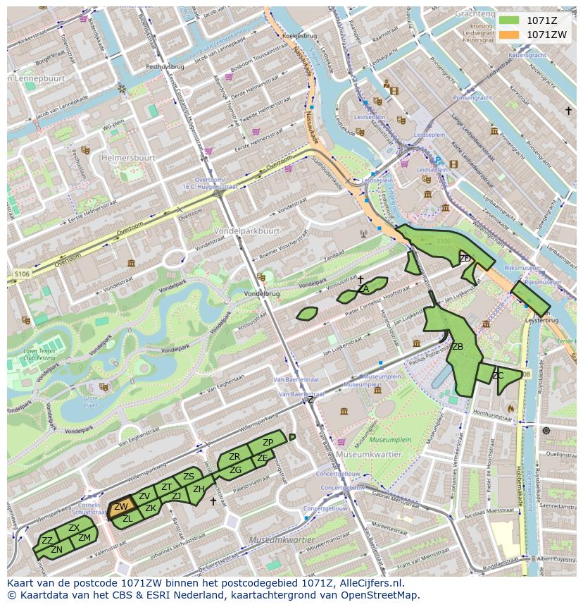 Afbeelding van het postcodegebied 1071 ZW op de kaart.