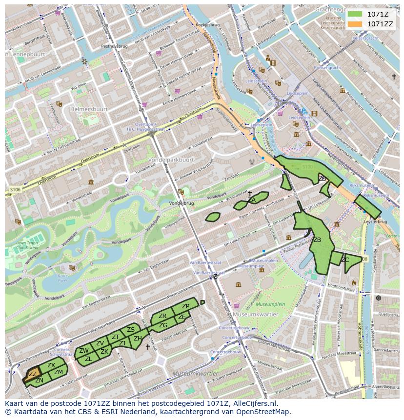 Afbeelding van het postcodegebied 1071 ZZ op de kaart.