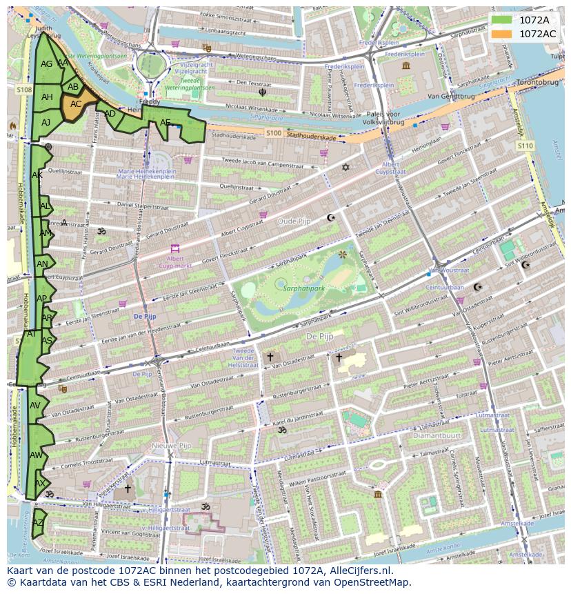 Afbeelding van het postcodegebied 1072 AC op de kaart.