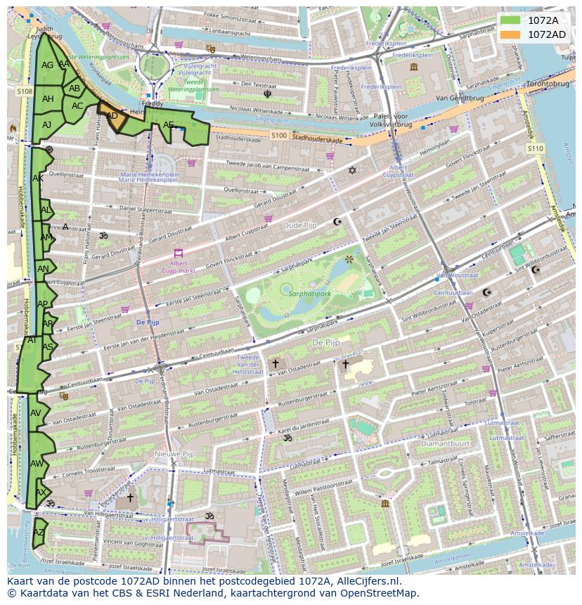 Afbeelding van het postcodegebied 1072 AD op de kaart.