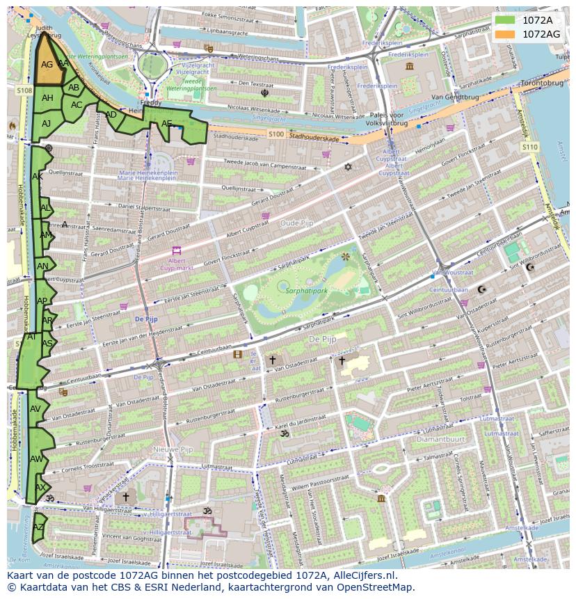 Afbeelding van het postcodegebied 1072 AG op de kaart.