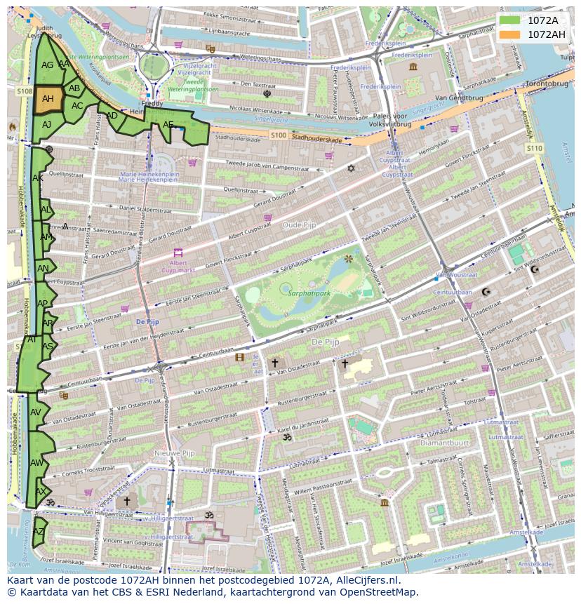 Afbeelding van het postcodegebied 1072 AH op de kaart.