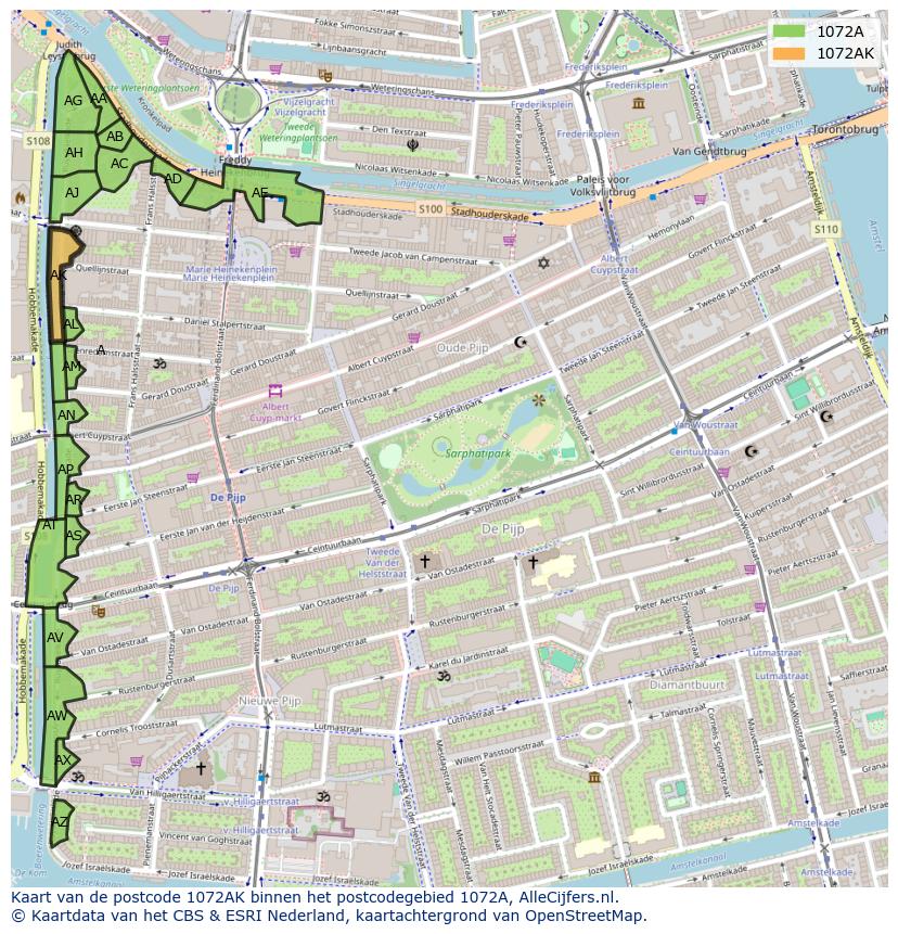 Afbeelding van het postcodegebied 1072 AK op de kaart.