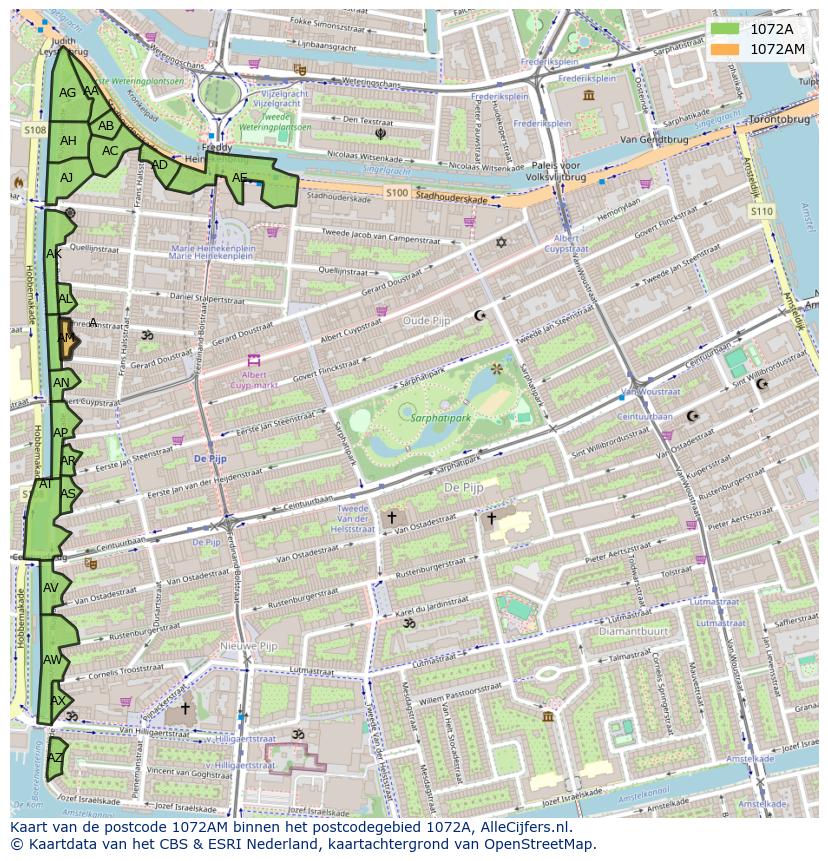 Afbeelding van het postcodegebied 1072 AM op de kaart.