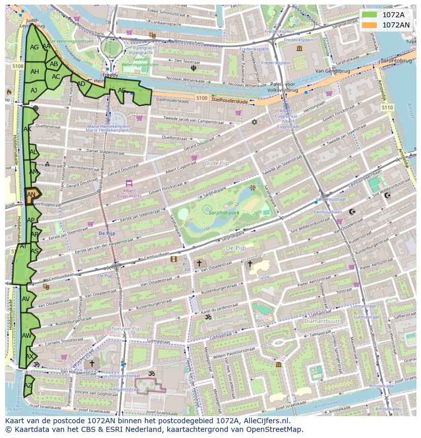 Afbeelding van het postcodegebied 1072 AN op de kaart.