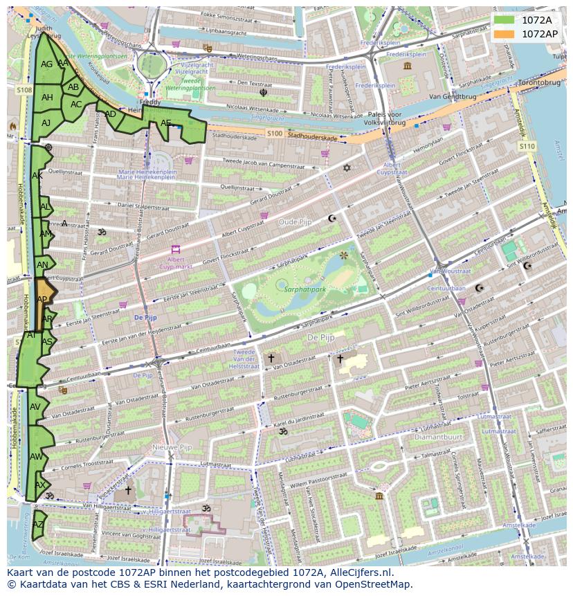 Afbeelding van het postcodegebied 1072 AP op de kaart.