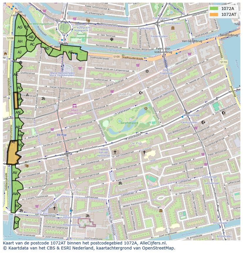 Afbeelding van het postcodegebied 1072 AT op de kaart.