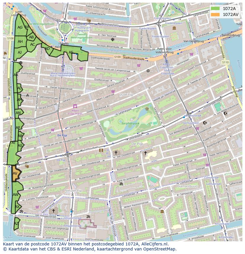 Afbeelding van het postcodegebied 1072 AV op de kaart.