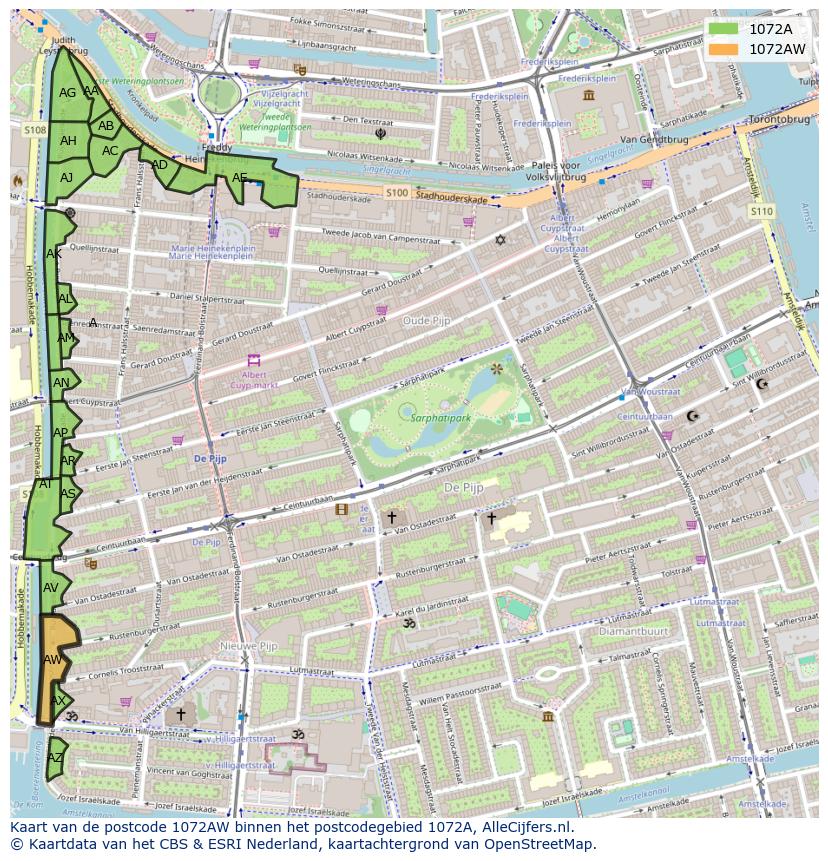 Afbeelding van het postcodegebied 1072 AW op de kaart.