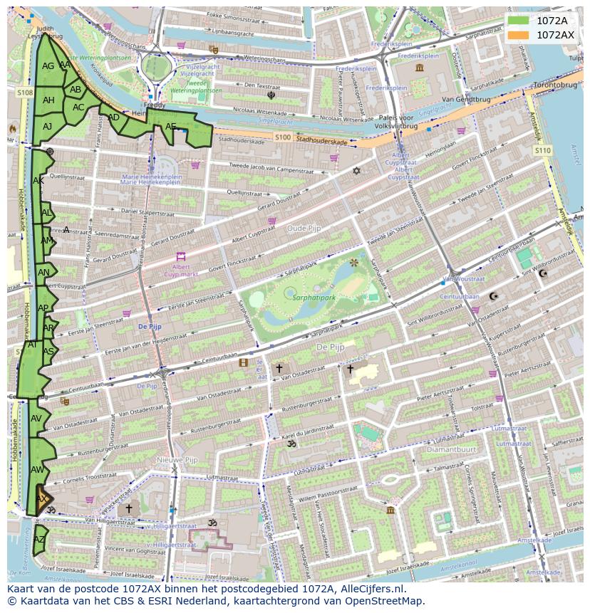Afbeelding van het postcodegebied 1072 AX op de kaart.