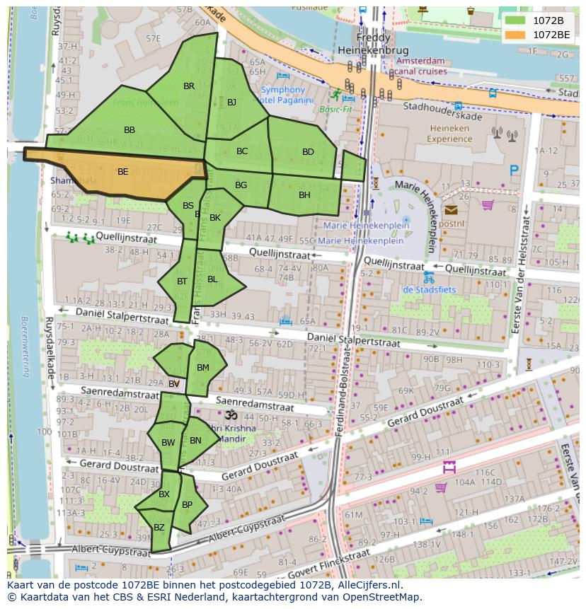 Afbeelding van het postcodegebied 1072 BE op de kaart.