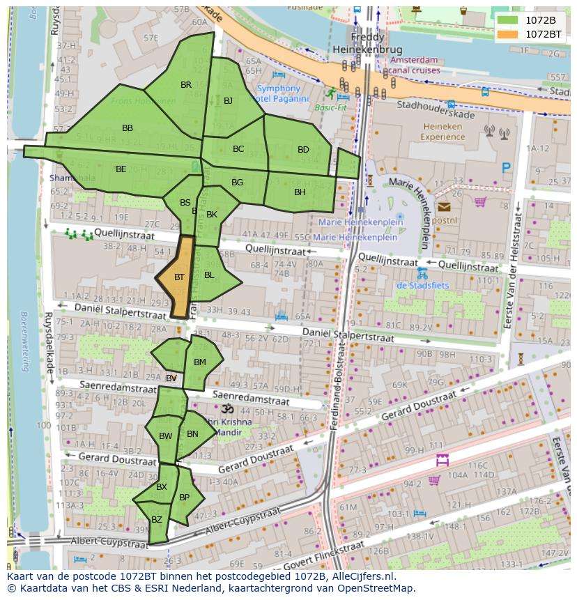 Afbeelding van het postcodegebied 1072 BT op de kaart.