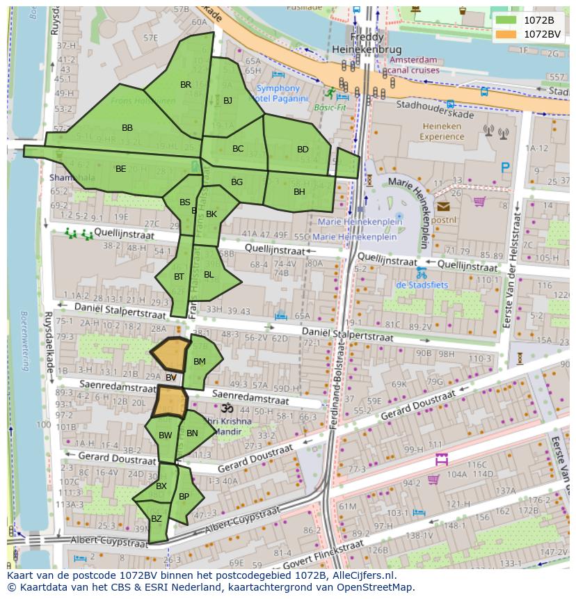 Afbeelding van het postcodegebied 1072 BV op de kaart.