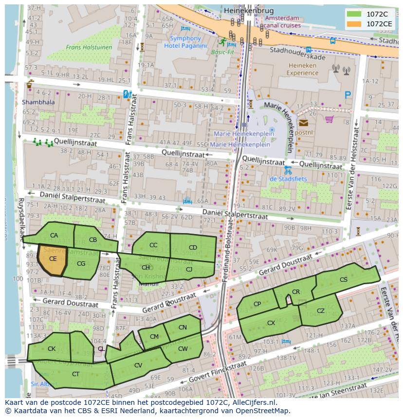 Afbeelding van het postcodegebied 1072 CE op de kaart.